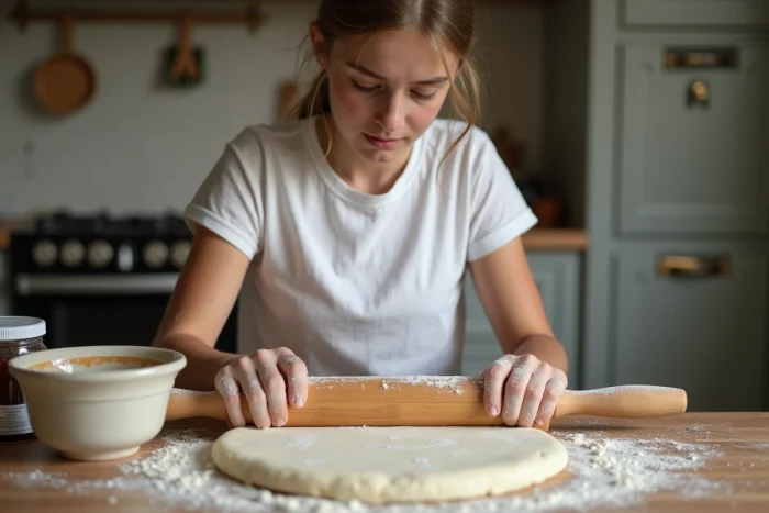 Adolescent préparant une pâte maison sur un plan de travail en bois avec une recette manuscrite dans la cuisine
