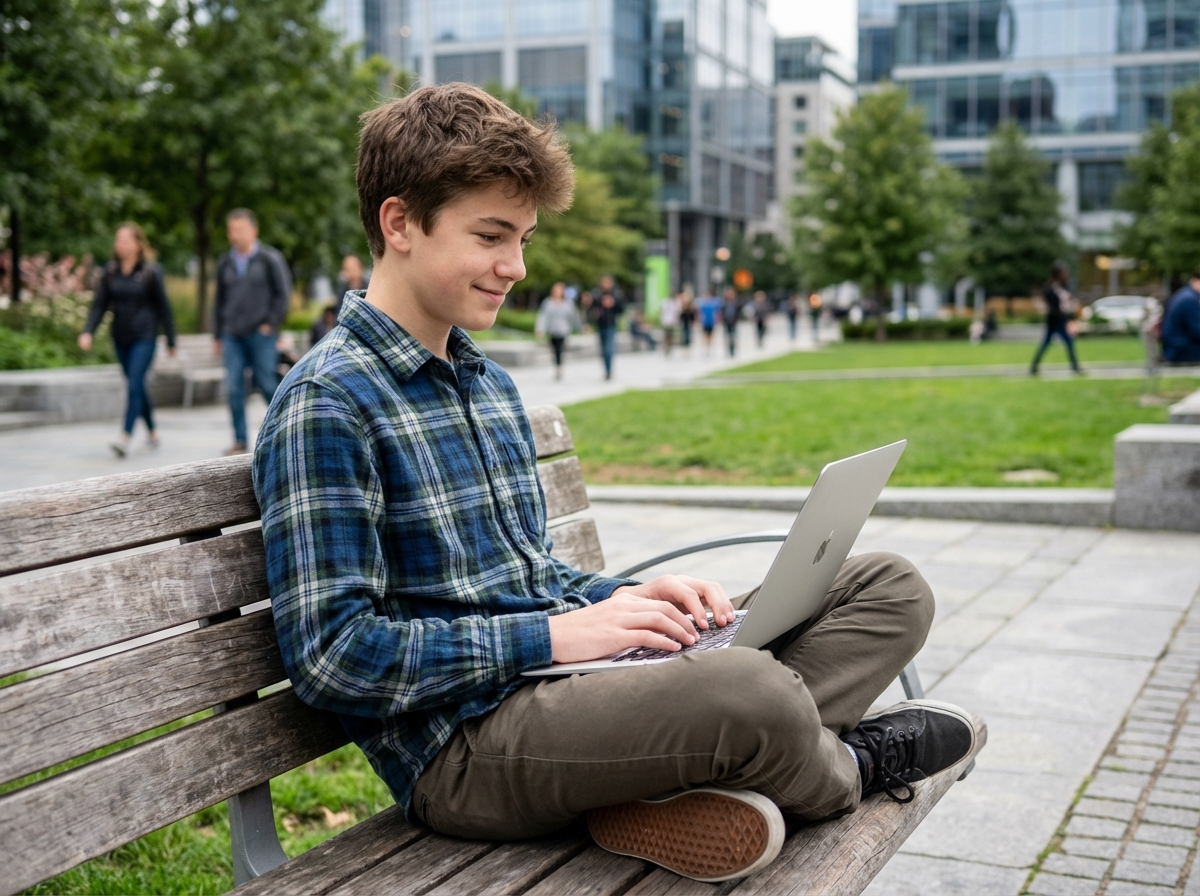 Adolescent pensif utilisant un ordinateur dans un parc urbain