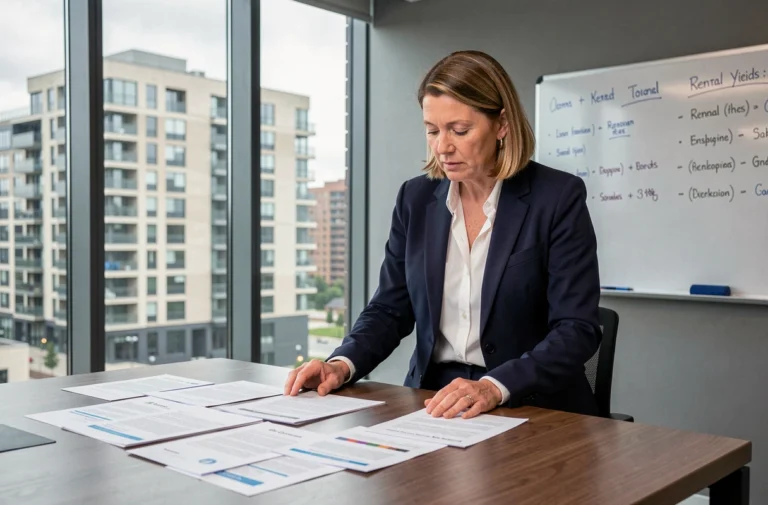 Agent immobilière analysant des avis clients sur un investissement locatif dans un bureau moderne avec vue sur des immeubles résidentiels