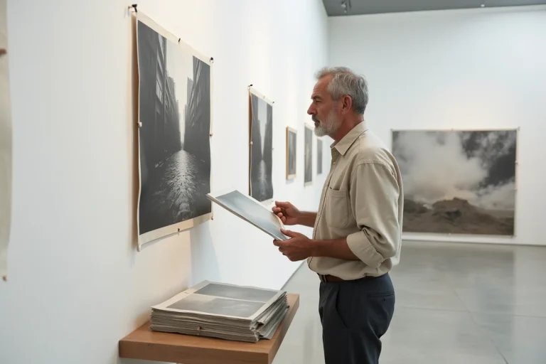 Photographe masculin examinant ses œuvres dans une galerie d'art minimaliste, parcours artistique d'Antoine Pésery