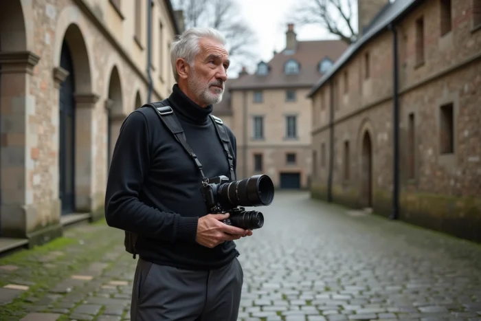Photographe en extérieur dans une cour urbaine avec appareil photo moyen format, univers visuel d'Antoine Pésery
