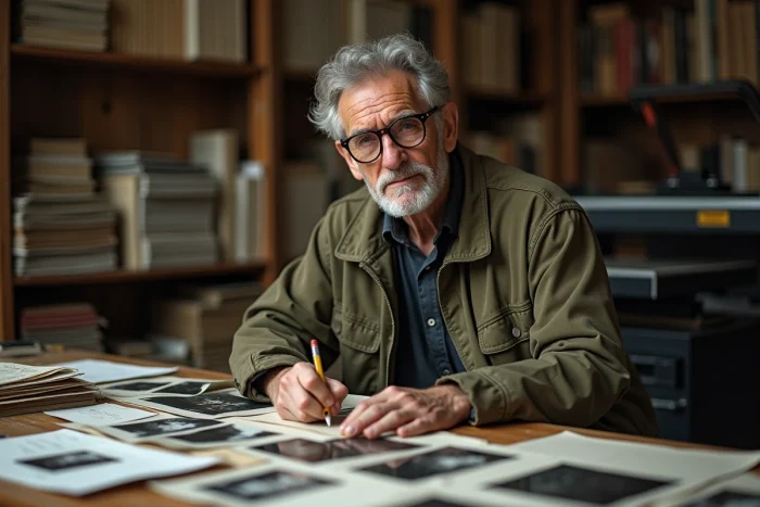 Artiste photographe annoté ses tirages dans un studio d'archives, travail créatif d'Antoine Pésery