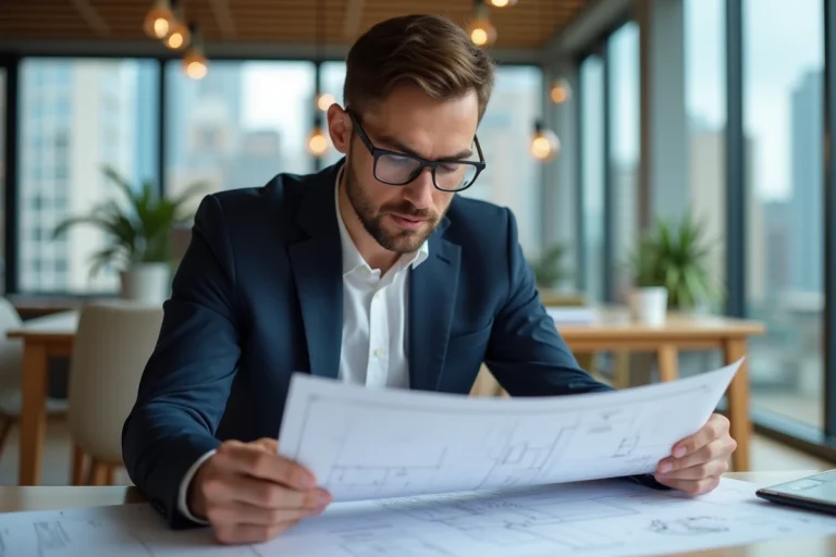 Architecte homme examinant des plans dans un bureau moderne