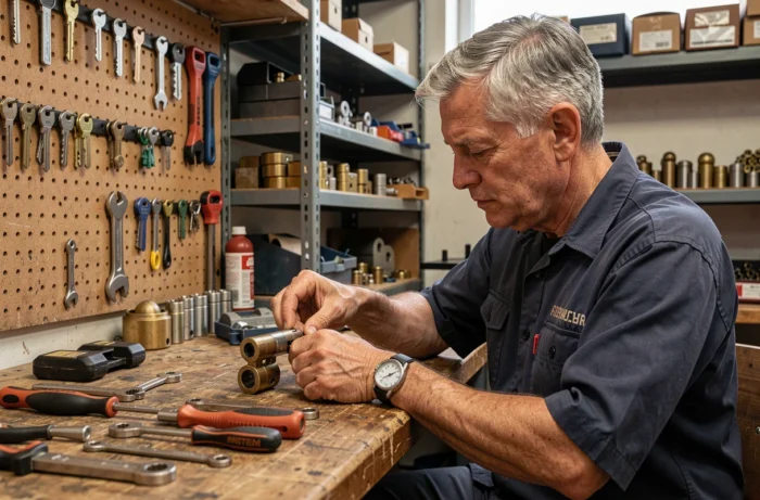 Serrurier expérimenté assemblant une serrure haute sécurité dans son atelier professionnel avec des outils spécialisés