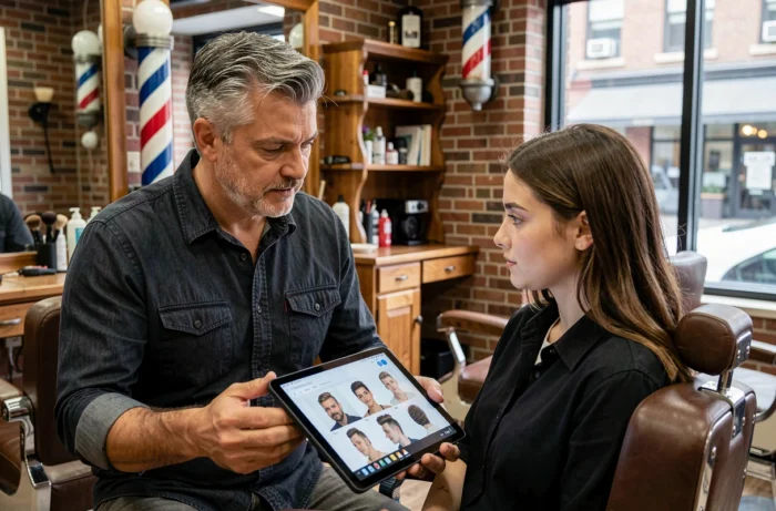 Coiffeur masculin conseillant une cliente sur le choix de sa coupe de cheveux sur tablette en salon