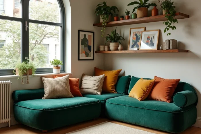 Coin lecture cosy avec banquette en bouclé vert, étagères décoratives et fenêtre arquée dans un appartement contemporain