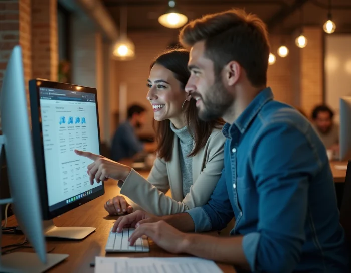 Deux collègues analysant ensemble un annuaire de téléchargement sur un ordinateur dans un espace de coworking