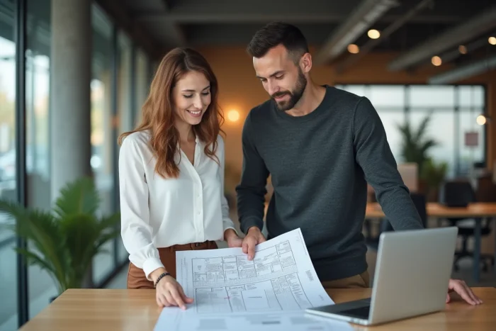 Deux collègues analysant un diagramme de sitemap imprimé dans un bureau en open space