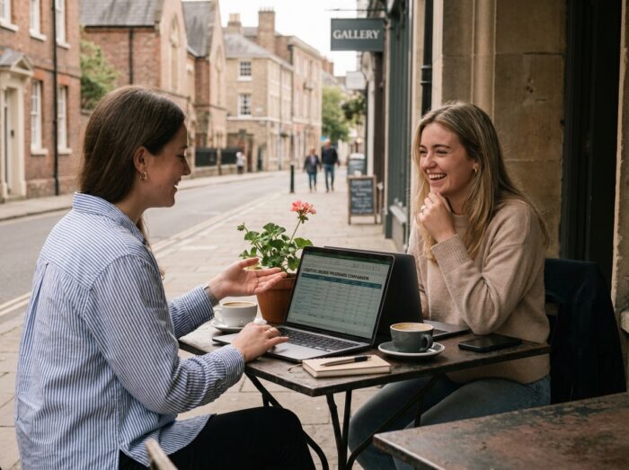 Deux étudiantes comparant des formations créatives post-bac autour d'un ordinateur portable en terrasse