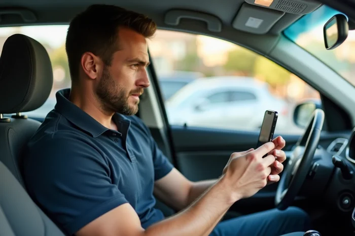 Conducteur BlaBlaCar consultant son application dans sa voiture pour optimiser ses tarifs de covoiturage