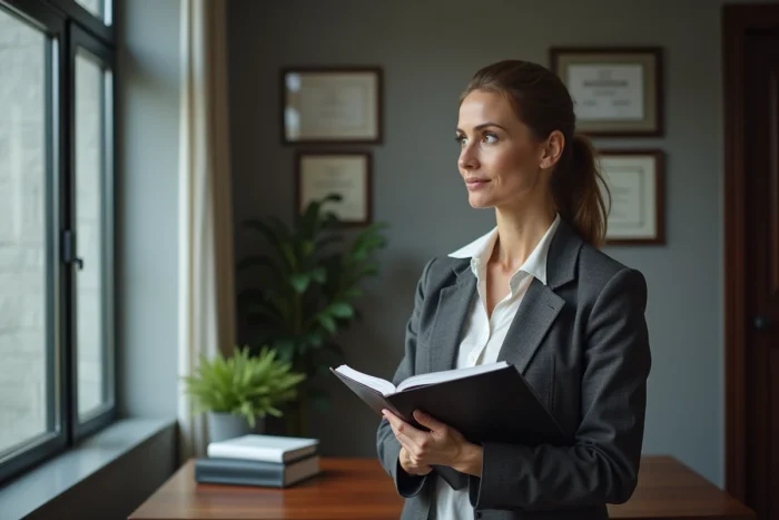Conseillère senior Nuyzillspex Advisors tenant un rapport légal dans un bureau privé professionnel