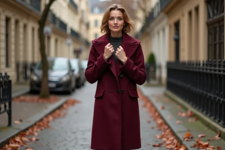 Femme portant un manteau midi bordeaux structuré en laine sur un trottoir parisien en automne, feuilles ocre au sol, tendances couleurs mode automne-hiver 2025