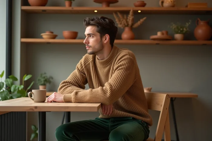 Homme en pull camel et pantalon velours côtelé vert forêt assis dans un café nordique, palette de couleurs tendance automne-hiver 2025