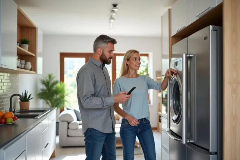 Couple dans une cuisine moderne avec réfrigérateur et lave-linge