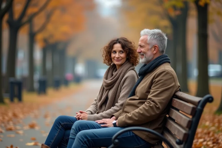 Femme et homme assis sur un banc en automne dans un parc