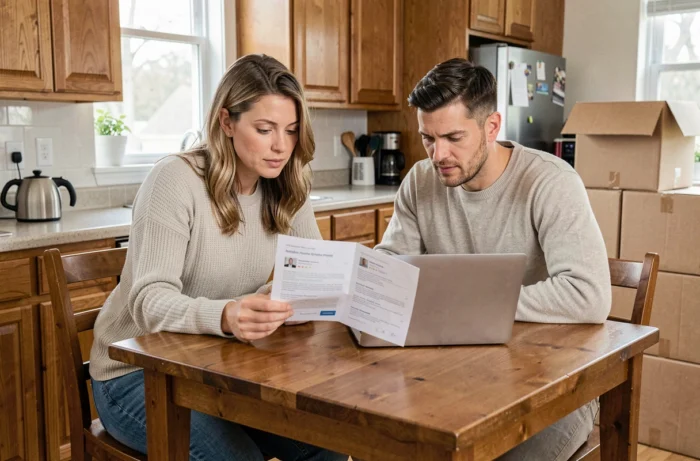 Couple d'investisseurs locatifs étudiant des avis et documents immobiliers autour d'une table de cuisine