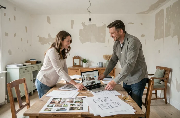 Couple planifiant leur projet de rénovation maison avec magazines déco et plateforme en ligne sur ordinateur portable