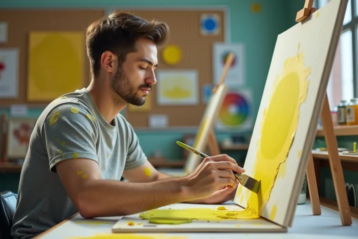 Jeune homme peignant des mélanges de couleurs jaune et vert sur une toile dans une salle de cours d'art