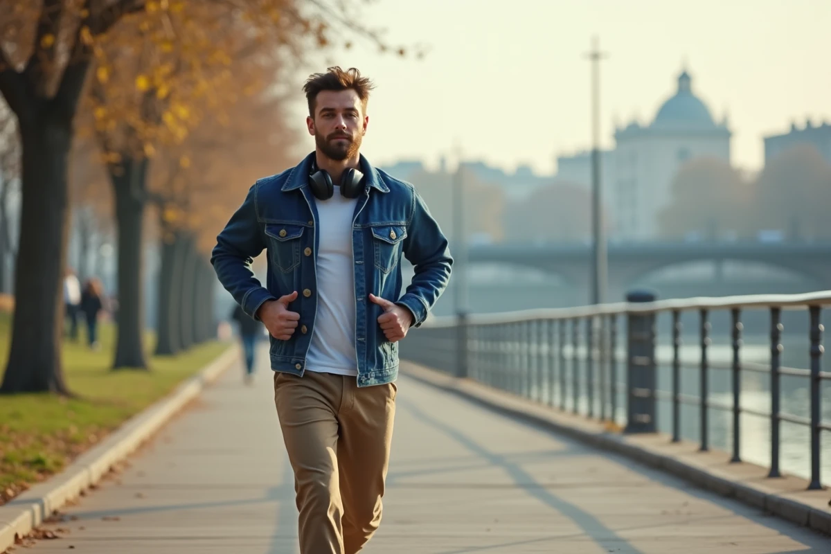 Jeune homme courant le matin au bord de la rivière en ville