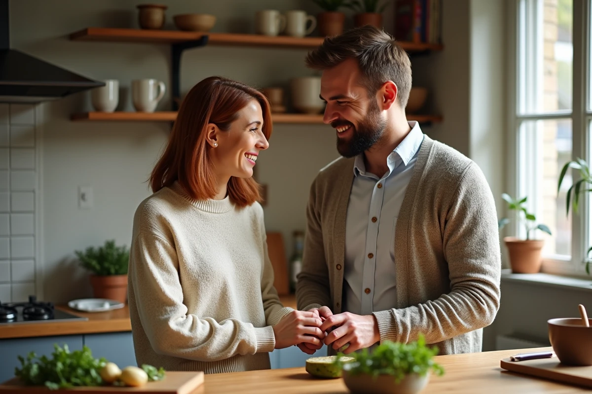 Couple en cuisine préparant des repas ensemble