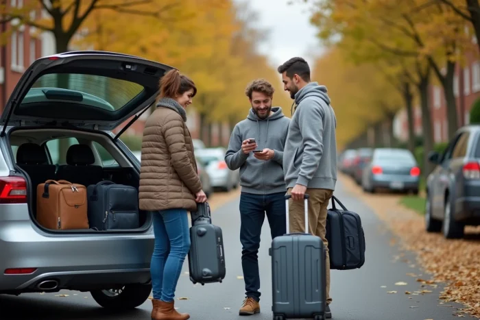 Passagers et conducteur BlaBlaCar préparant un départ en covoiturage avec bagages dans une rue résidentielle