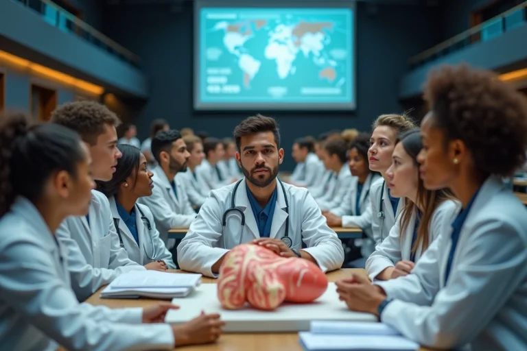 Étudiants en médecine du monde entier réunis dans un amphithéâtre universitaire, symbolisant le défi mondial de devenir médecin