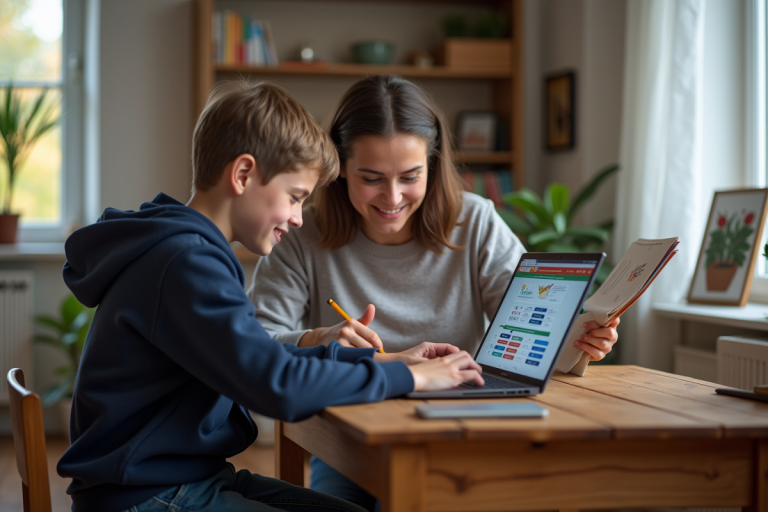 Garçon de 12 ans avec sa mère à la maison devant un ordinateur