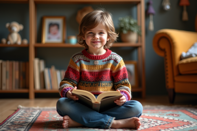 Jeune enfant assis avec un livre dans un salon chaleureux