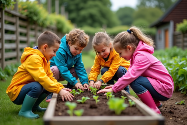 Enfants d ecole primaire plantant des semis dans un jardin