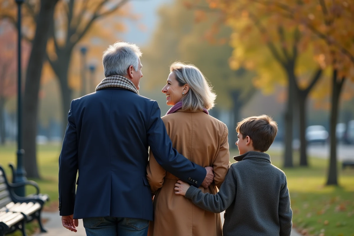 Famille souriante se promenant dans un parc urbain