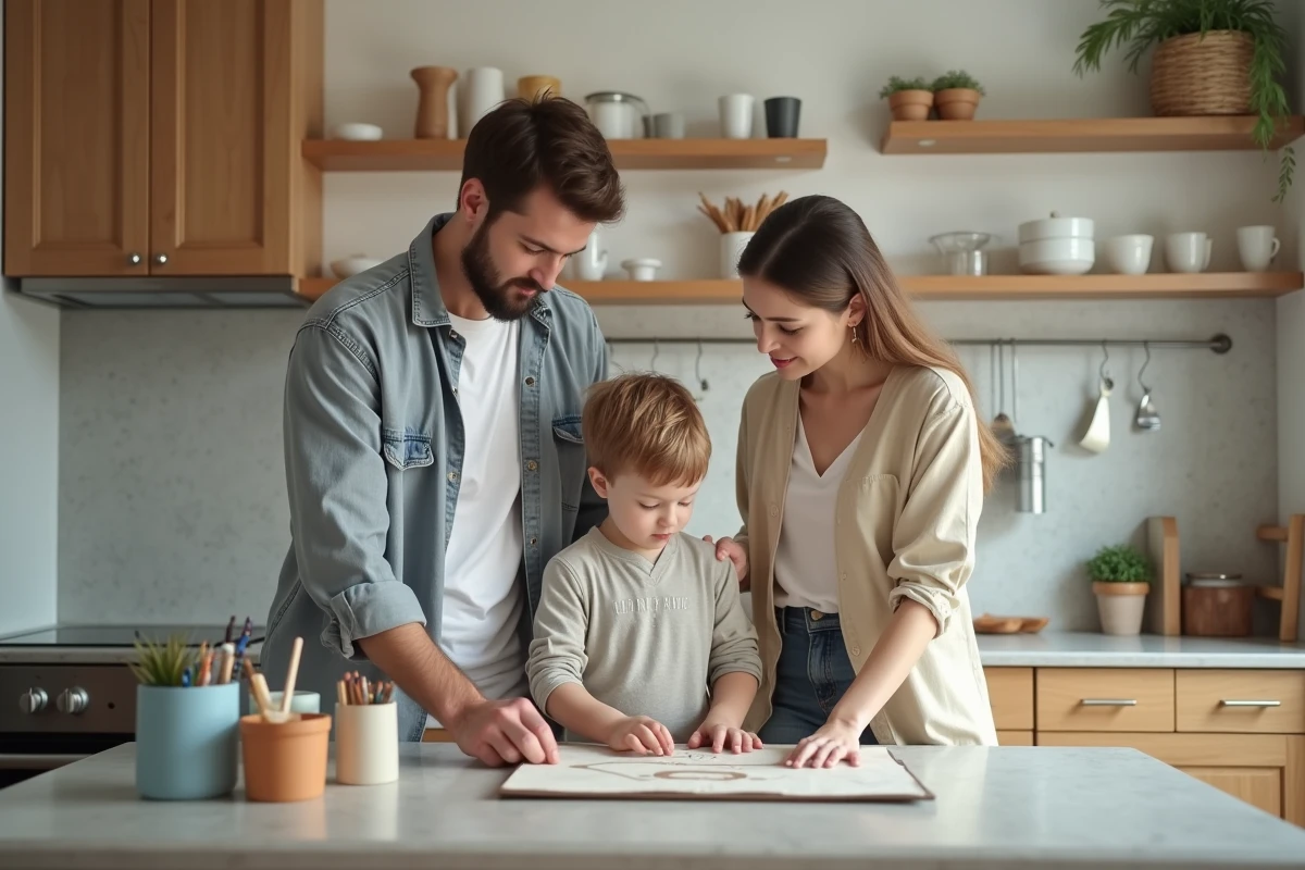 Famille créant un organisateur mural dans la cuisine moderne