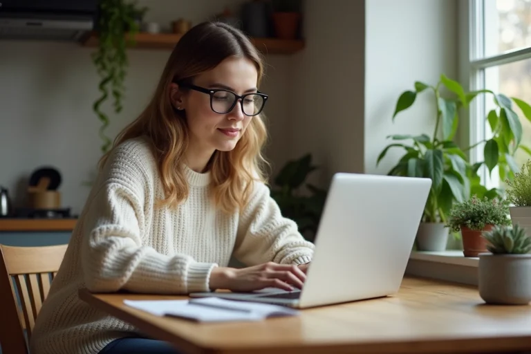 Femme travaillant sur un ordinateur dans une cuisine cosy