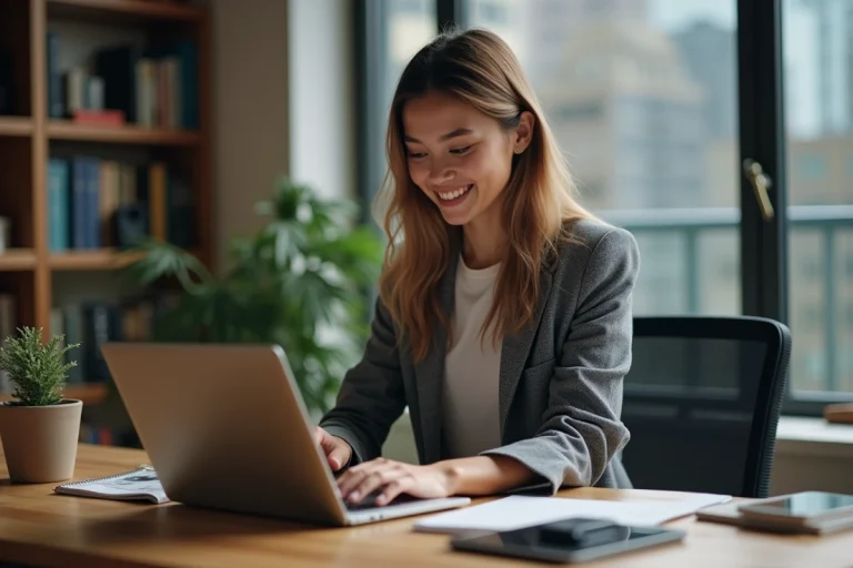 Femme souriante travaillant sur son ordinateur dans un bureau cosy