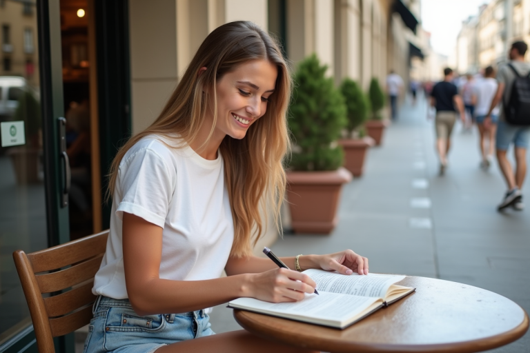 Jeune femme souriante à un café parisien en été