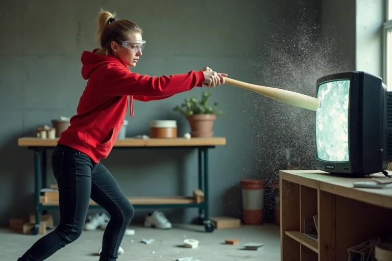 Femme en hoodie rouge casse une vieille télé dans un rage room