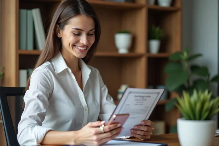 Femme souriante vérifiant un certificat avec son smartphone