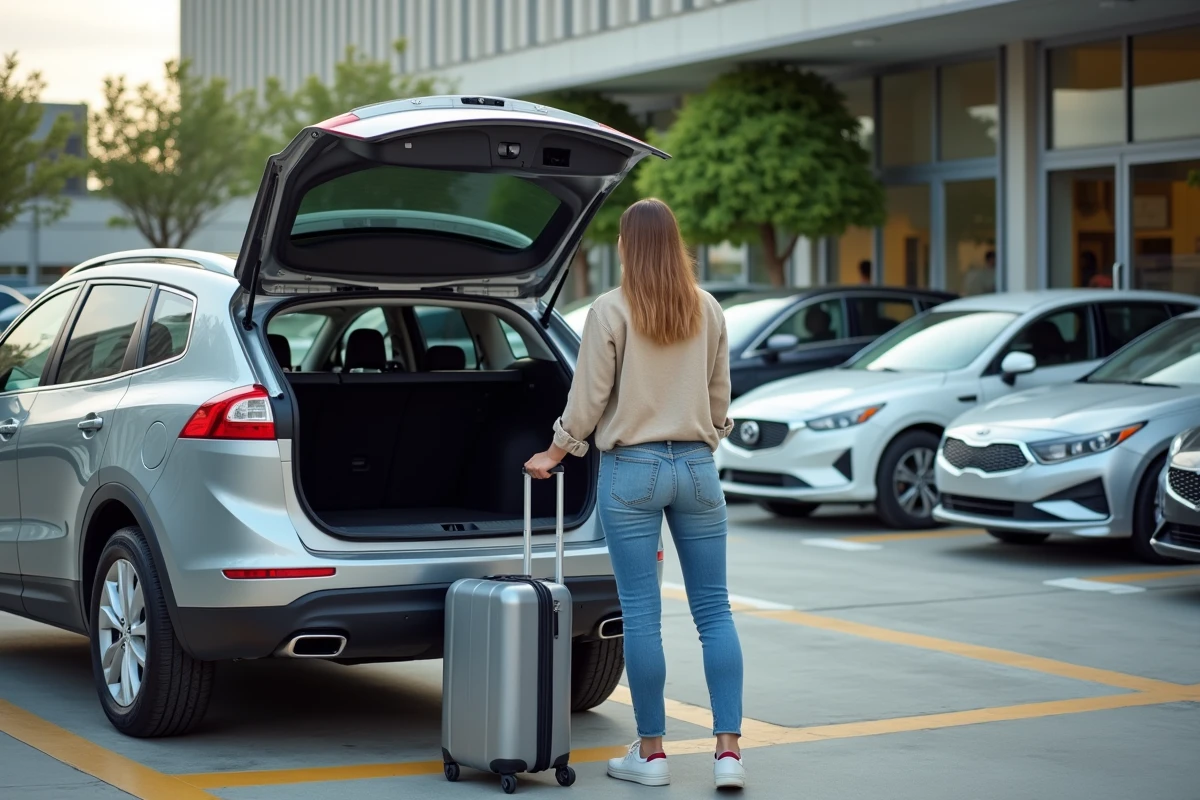 Jeune femme chargeant ses bagages dans une voiture de location
