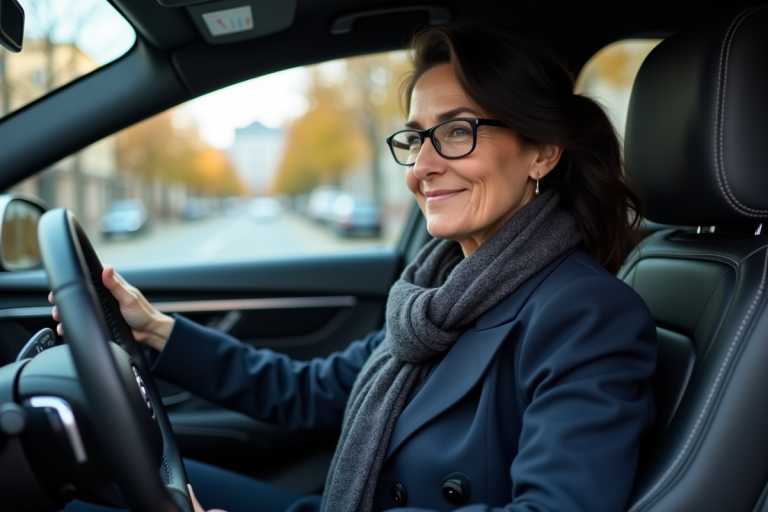 Femme d'âge moyen dans une voiture moderne en ville