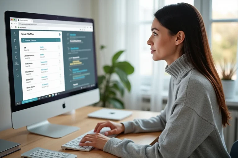 Femme consultant la page sitemap d'un site web sur un grand écran dans un bureau moderne