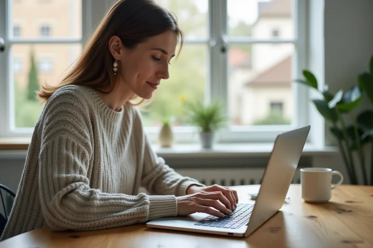 Femme regardant un ordinateur avec Google Maps dans la cuisine