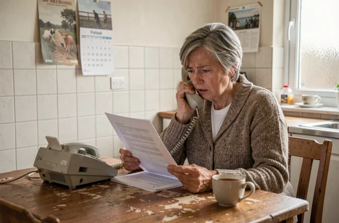 Une femme d'une cinquantaine d'années consulte des documents administratifs et téléphone depuis sa cuisine pour joindre une assistante sociale en urgence