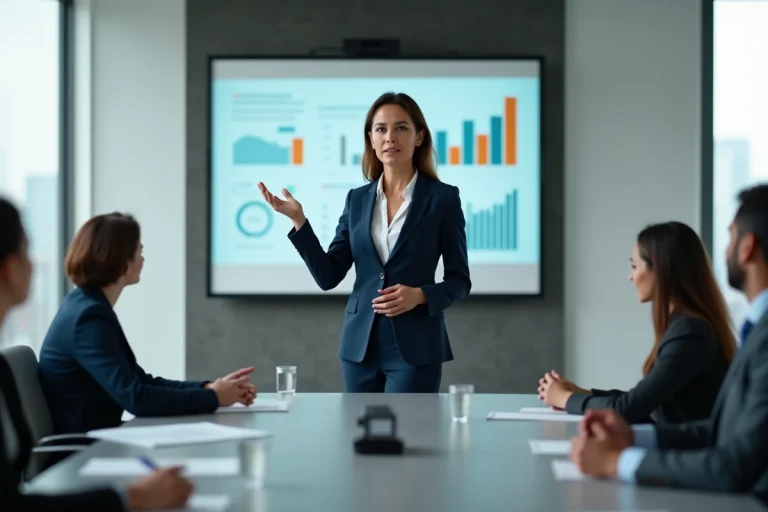 Femme cadre dirigeante présentant une stratégie en salle de réunion d'entreprise moderne, symbole de leadership féminin au travail