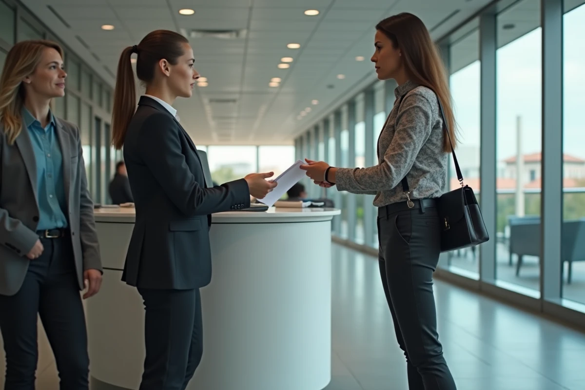 Femme au guichet avec bracelet électronique visible