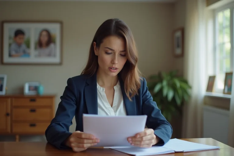 Femme en blazer bleu étudiant un dossier avec concentration