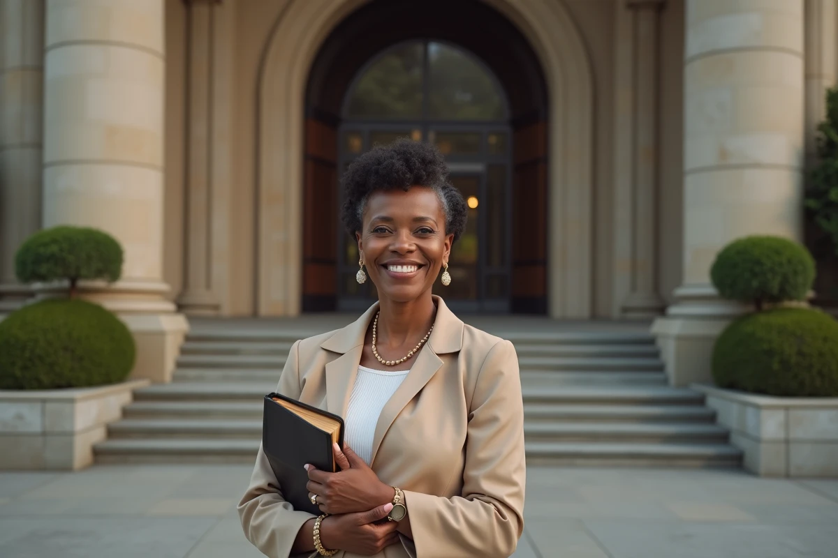 Femme africaine devant une église moderne avec bible