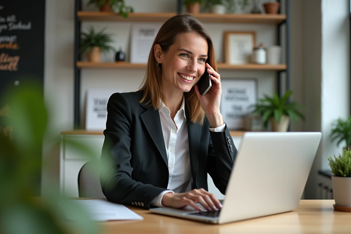 Femme entrepreneure au bureau en coworking avec téléphone et ordinateur