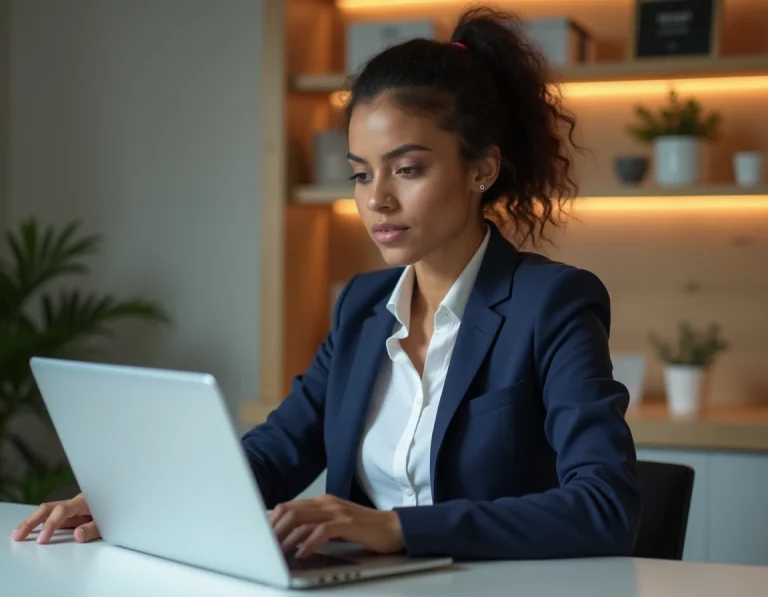 Femme utilisant un ordinateur portable pour évaluer un annuaire de téléchargement fiable dans un bureau moderne