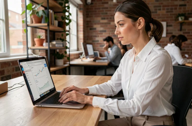 Femme explorant une interface numérique unique sur un ordinateur portable dans un bureau moderne et lumineux