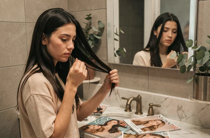 Jeune femme examinant ses cheveux devant son miroir de salle de bain entourée de magazines de coiffure