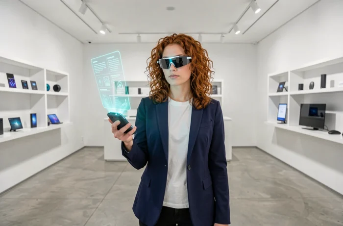 Femme portant des lunettes de réalité augmentée interagissant avec une interface holographique dans un showroom technologique